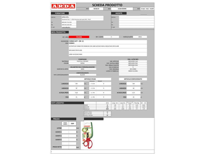 Forbice ARDA ABS/acciaio INOX rosso Left per mancini 13 cm FA1206