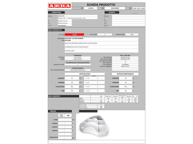 Portaoggetti da scrivania ARDA Multipot Mydesk polistirene bianco 8 scomparti 18,5x12,3x9 cm - 7121B