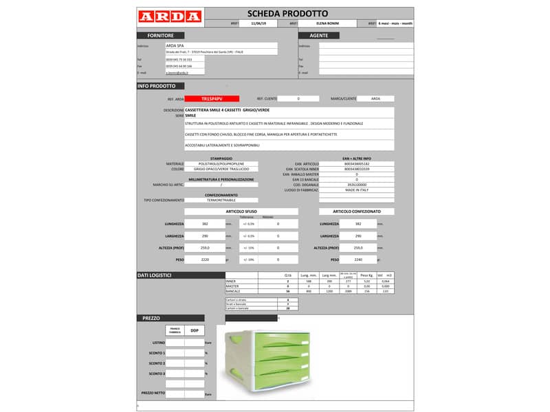 Cassettiera 4 cassetti ARDA Smile polistirolo antiurto e materiale infrangibile grigio/verde - TR15P4PV