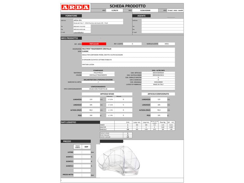 Portaoggetti da scrivania ARDA Multipot Classic polistirene cristallo 8 scomparti - 18,5x12,3x9 cm - TR7121CR