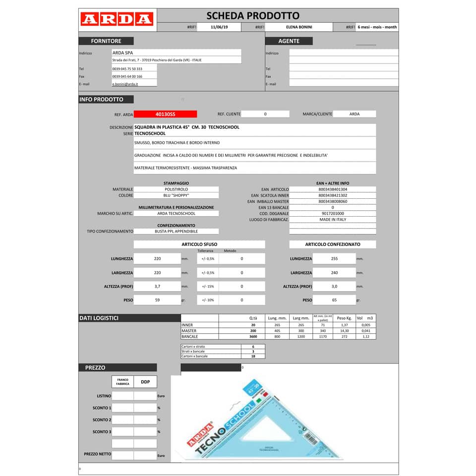 Squadra ARDA Linea Tecnoschool polistirolo termoresistente azzurro trasparente 45° cm 30 - 40130SS