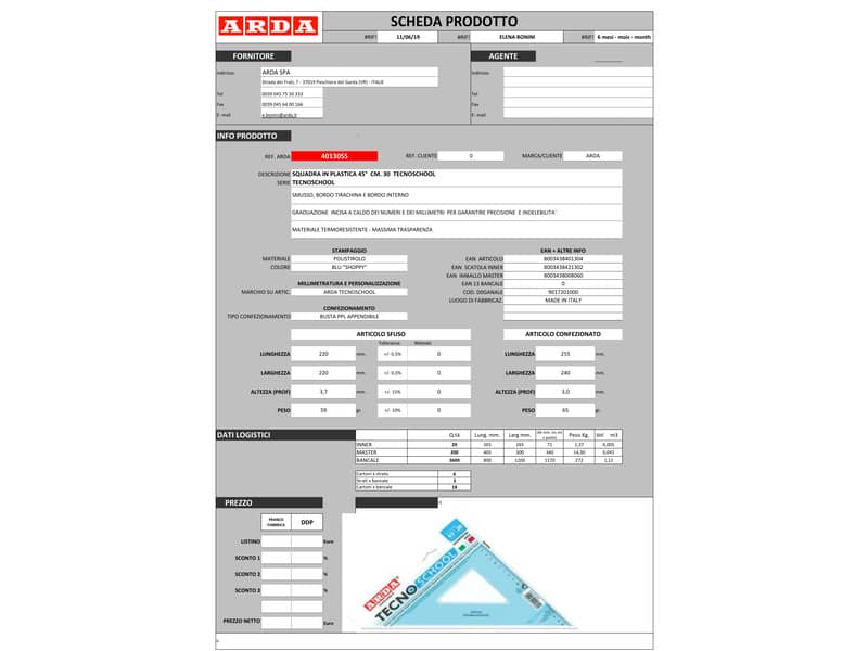 Squadra ARDA Linea Tecnoschool polistirolo termoresistente azzurro trasparente 45° cm 30 - 40130SS