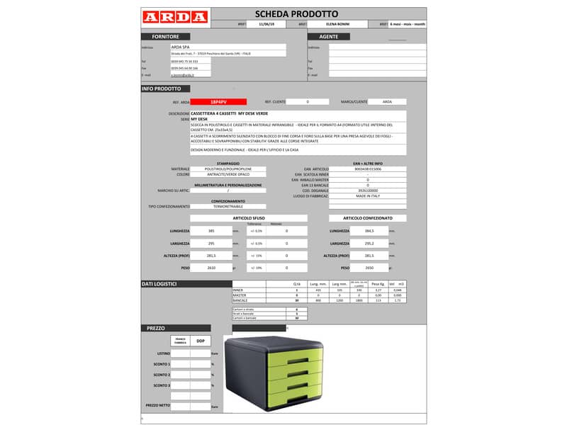 Cassettiera 4 cassetti ARDA Mydesk polistirolo e materiale infrangibile grigio/verde - 18P4PV