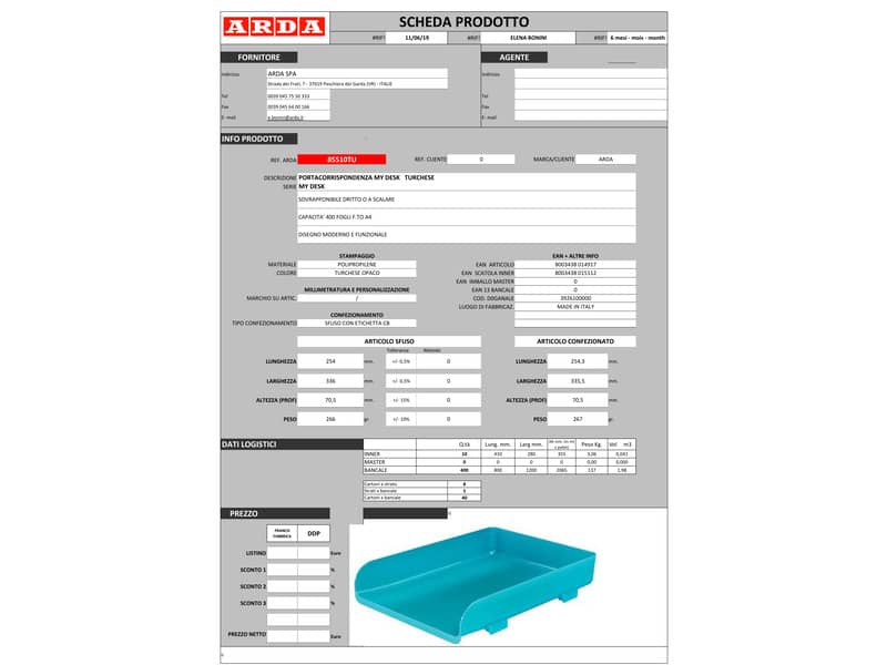 Portacorrispondenza ARDA Mydesk polipropilene infrangibile turchese 33,5x25,4x7 cm - 85510TU