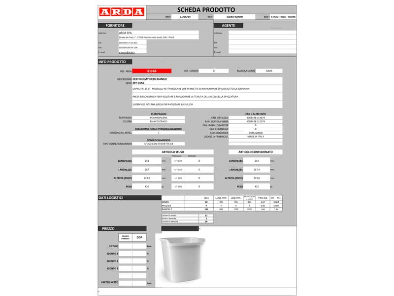 Cestino impilabile ARDA MyDesk 15 litri polipropilene bianco rettangolare 8116B