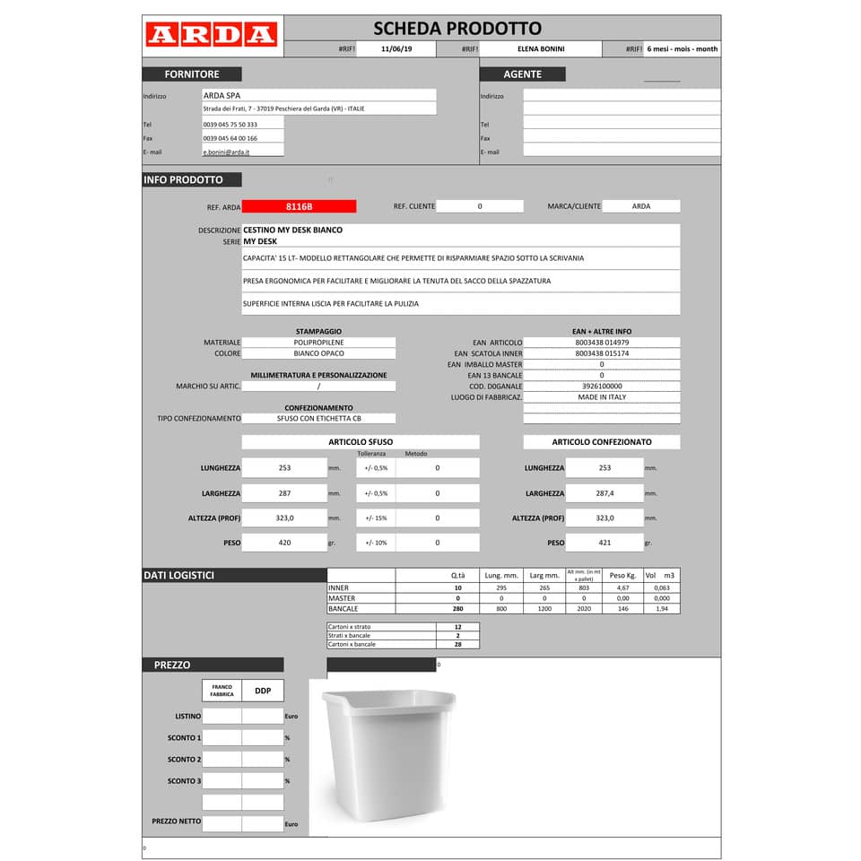 Cestino impilabile ARDA MyDesk 15 litri polipropilene bianco rettangolare 8116B