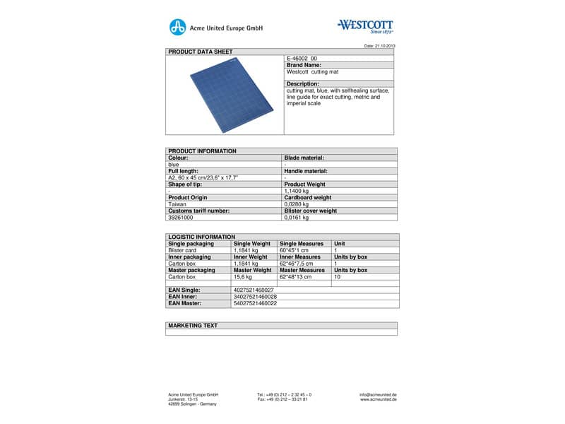 Tappetino da taglio Westcott 60x45 cm blu DIN A2 E-46002 00