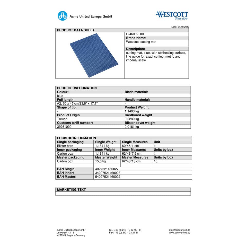 Tappetino da taglio Westcott 60x45 cm blu DIN A2 E-46002 00