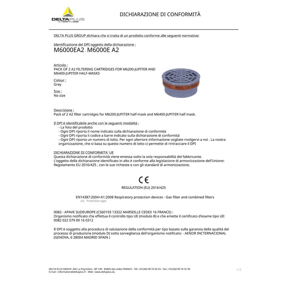 Kit di 2 filtri A2 per semi-maschere M6200 e M6400 Jupiter grigio - M6000EA2R