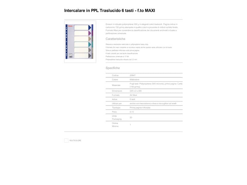 Divisori Esselte intercalari 6 tasti tasti in polipropilene e prima pagina carta 150 gr/mq A4 Maxi - 20647