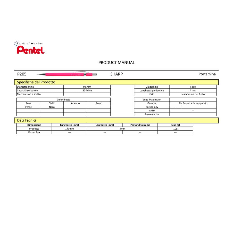 Portamine Pentel Sharp P200 fisso da 4 mm - mina 0,5 mm HB fusto rosso fluo P205-FB
