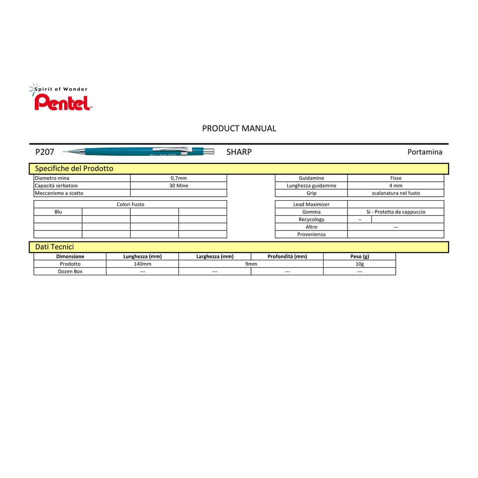 Portamine Pentel Sharp P200 fisso da 4 mm - mina 0,7 mm HB fusto azzurro P207-C