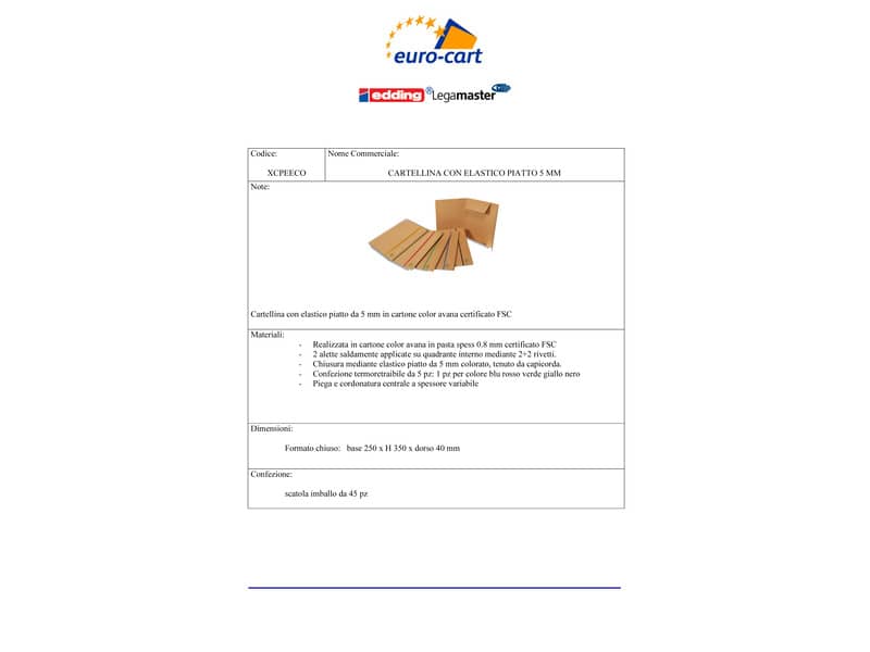 Cartelline con elastico piatto EURO-CART 25x35 cm dorso 4 cm avana conf. da 5 pezzi - XCPEECOAV