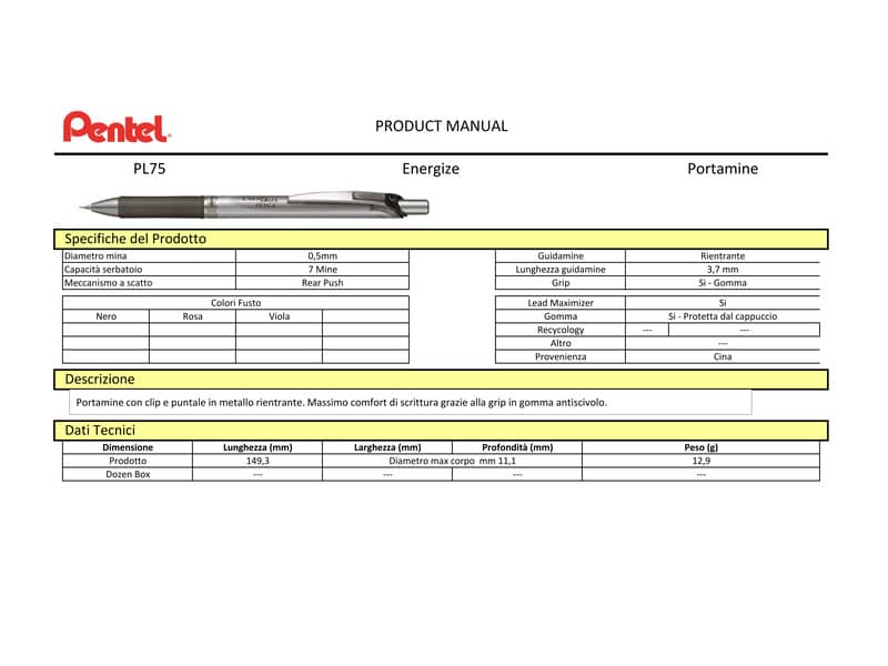 Portamine Pentel Energize Pencil 0.5 mm acciaio-nero PL75-AO