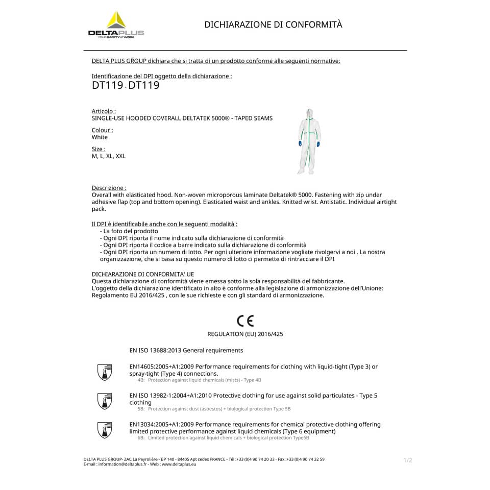Tute da lavoro DELTA PLUS Deltatek® 5000 c/cappuccio elasticizzata monouso - chiusura con zip bianco - M - DT119TM