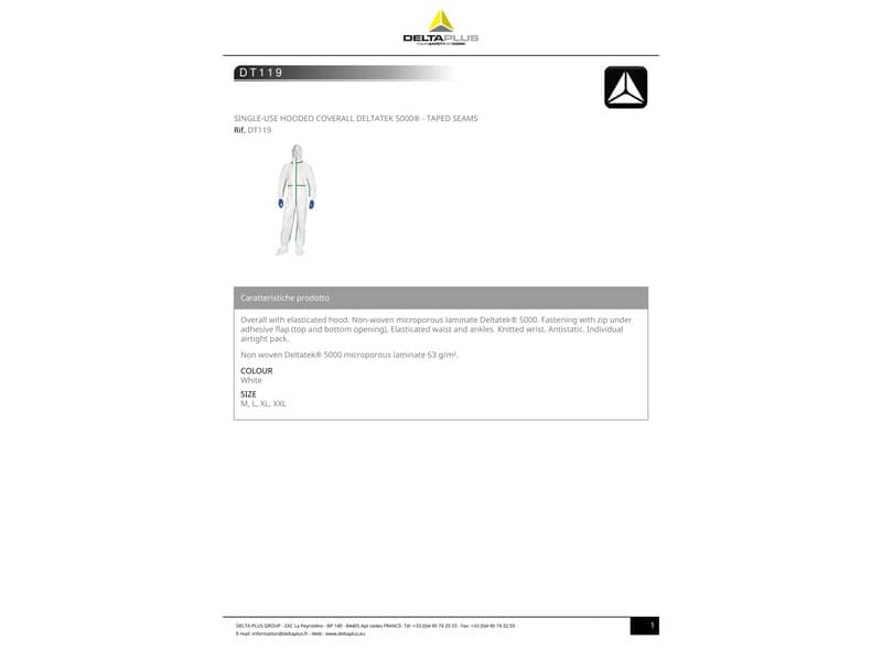 Tute da lavoro DELTA PLUS Deltatek® 5000 c/cappuccio elasticizzata monouso - chiusura con zip bianco - L - DT119GT