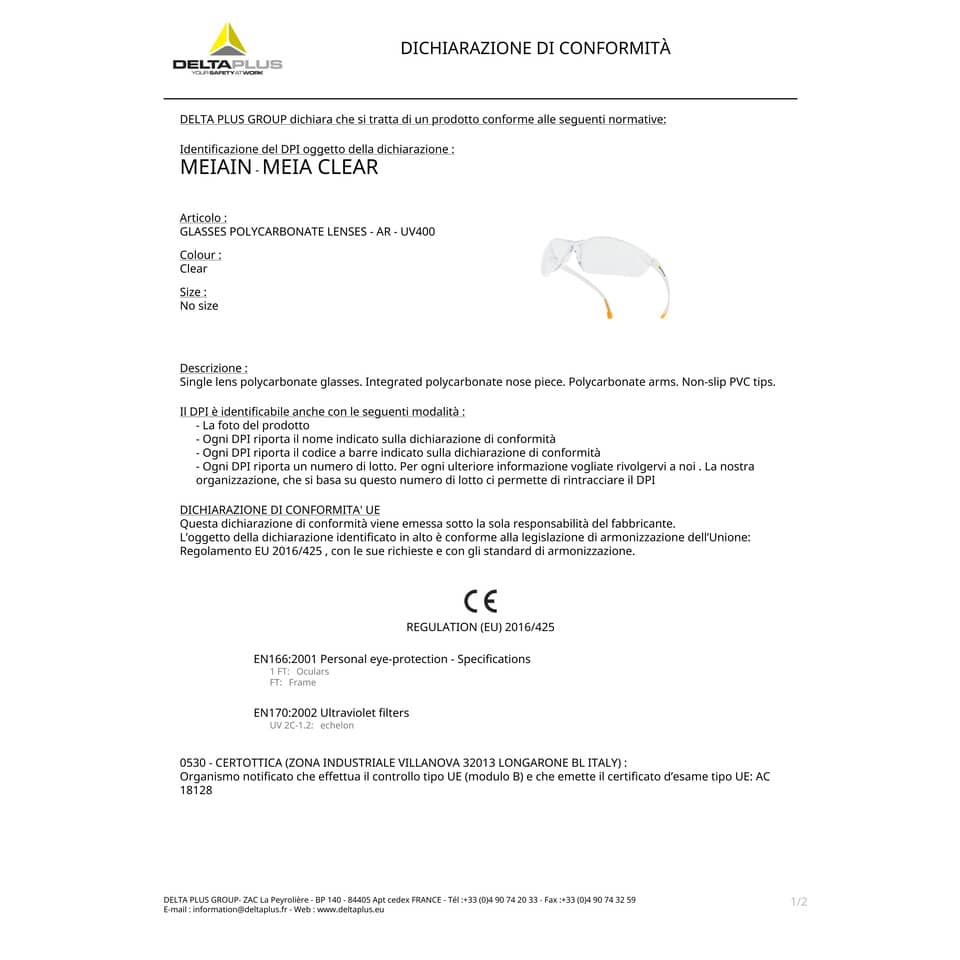 Occhiali Meya Delta Plus monoblocco policarbonato - terminali in PVC antiscivolo trasparente - MEIAIN
