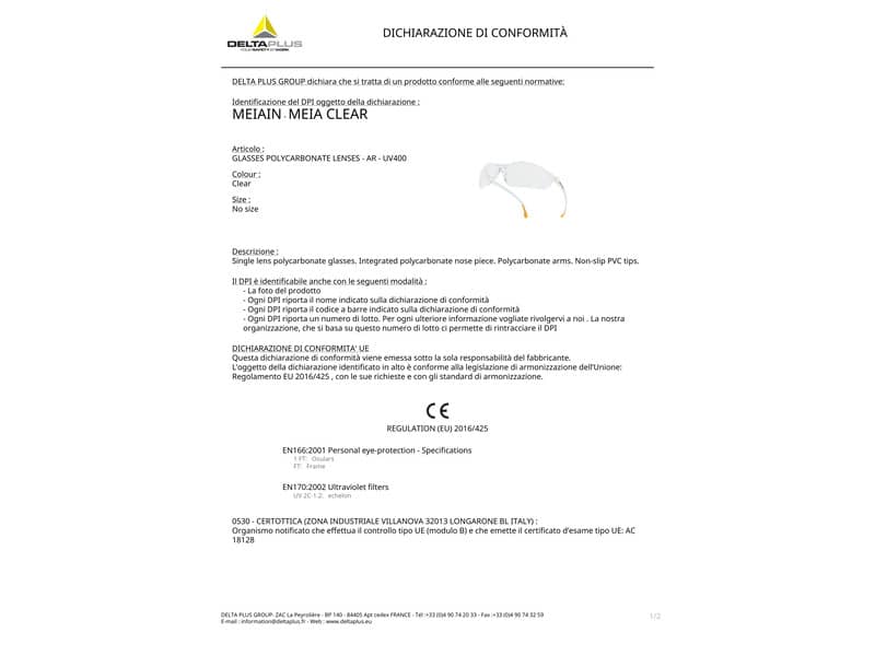Occhiali Meya Delta Plus monoblocco policarbonato - terminali in PVC antiscivolo trasparente - MEIAIN