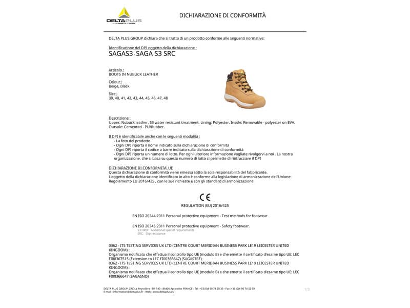 Scarpe da lavoro DELTA PLUS alte Saga S3 pelle pieno fiore nabuk beige - 44 SAGAS3BE44