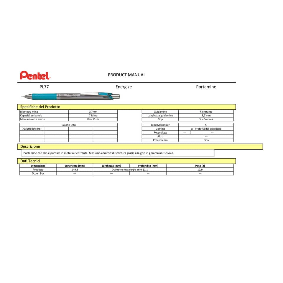 Portamine Pentel Energize Pencil 0.7 mm argento-turchese PL77-SO