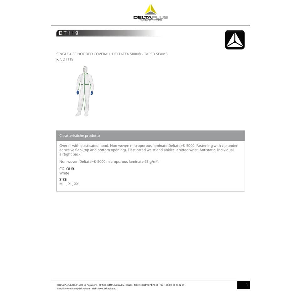 Tute da lavoro DELTA PLUS Deltatek® 5000 c/cappuccio elasticizzata monouso - chiusura con zip bianco - XL - DT119XG