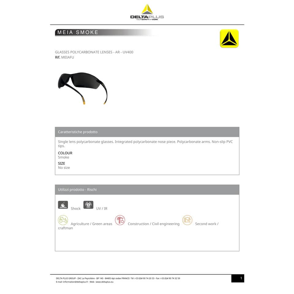 Occhiali Meya monoblocco Delta Plus policarbonato terminali in PVC antiscivolo fumè - MEIAFU