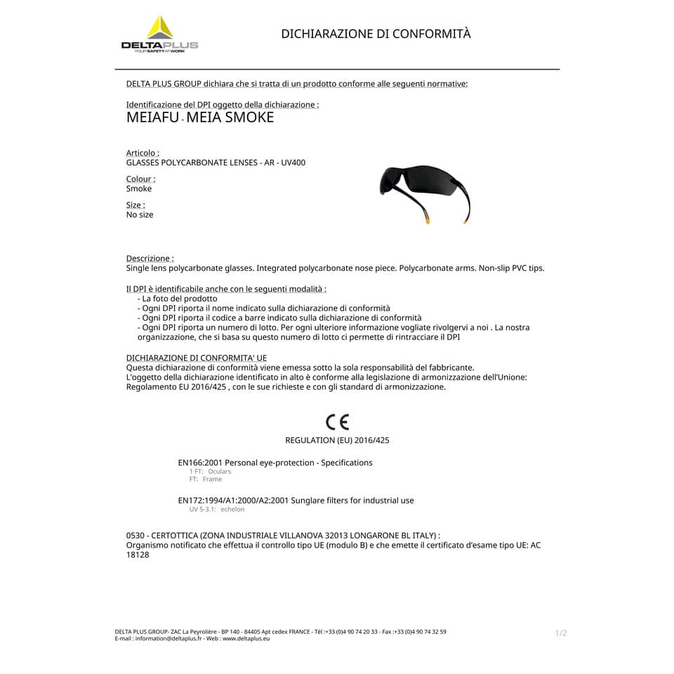 Occhiali Meya monoblocco Delta Plus policarbonato terminali in PVC antiscivolo fumè - MEIAFU