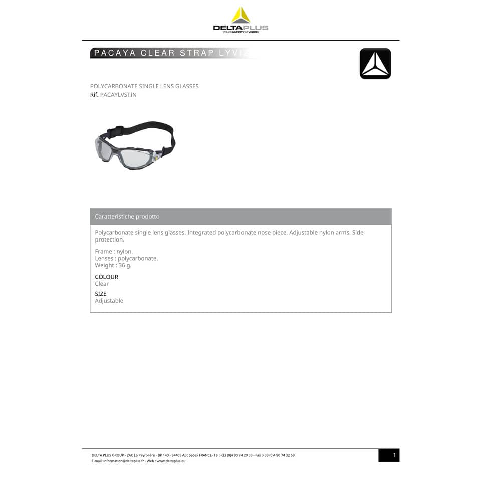 Occhiali monoblocco Delta Plus Pacaya Strap - policarbonato nasello integrato montatura nylon trasparente - PACAYSTIN