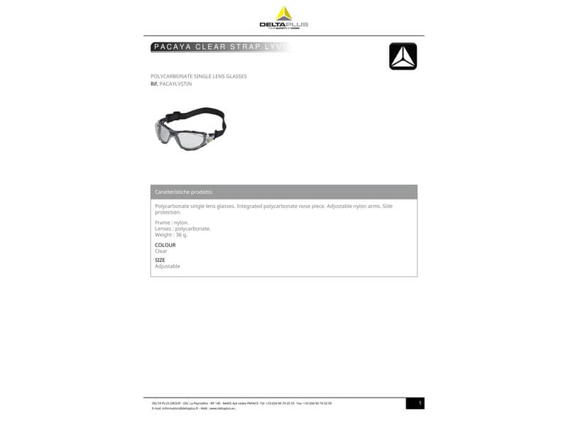 Occhiali monoblocco Delta Plus Pacaya Strap - policarbonato nasello integrato montatura nylon trasparente - PACAYSTIN