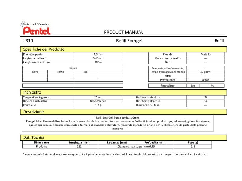 Refill Pentel Energel punta 1 mm - tratto 0,45 mm -  nero LR10-AX