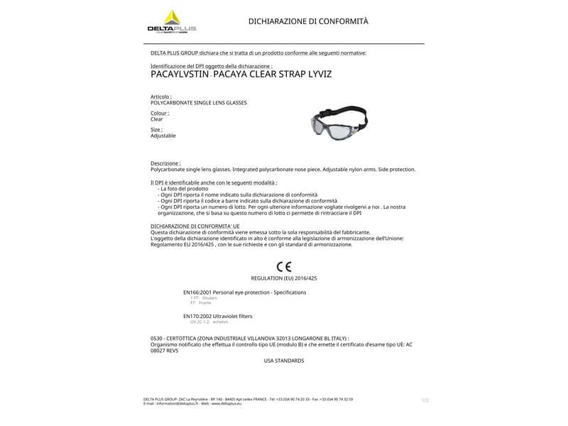 Occhiali monoblocco Delta Plus Pacaya Strap - policarbonato nasello integrato montatura nylon trasparente - PACAYSTIN