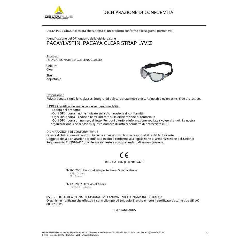Occhiali monoblocco Delta Plus Pacaya Strap - policarbonato nasello integrato montatura nylon trasparente - PACAYSTIN