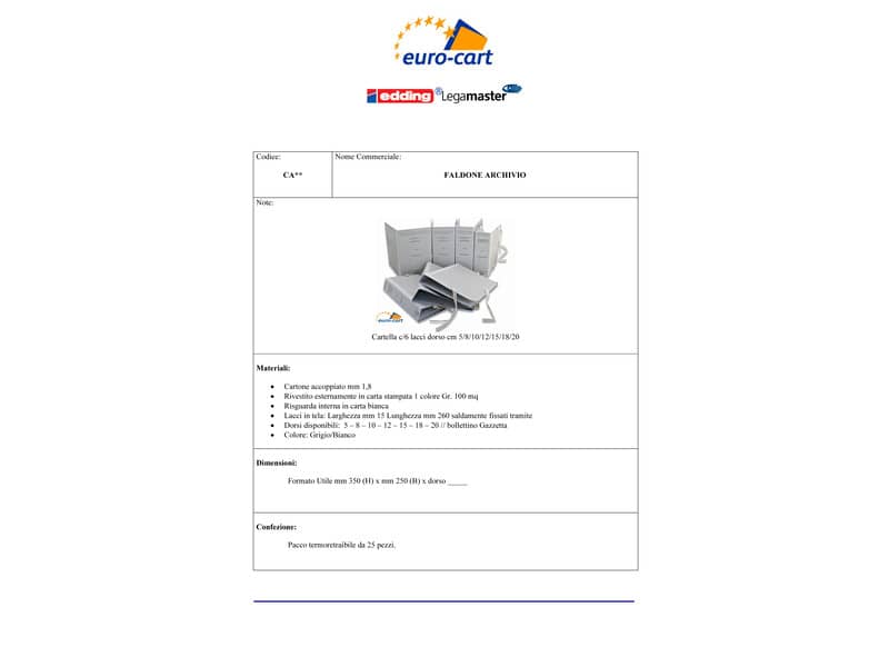 Faldone con lacci occhiellati EURO-CART cartone da 1,8 mm dorso 5 cm - 25x35 cm CA05