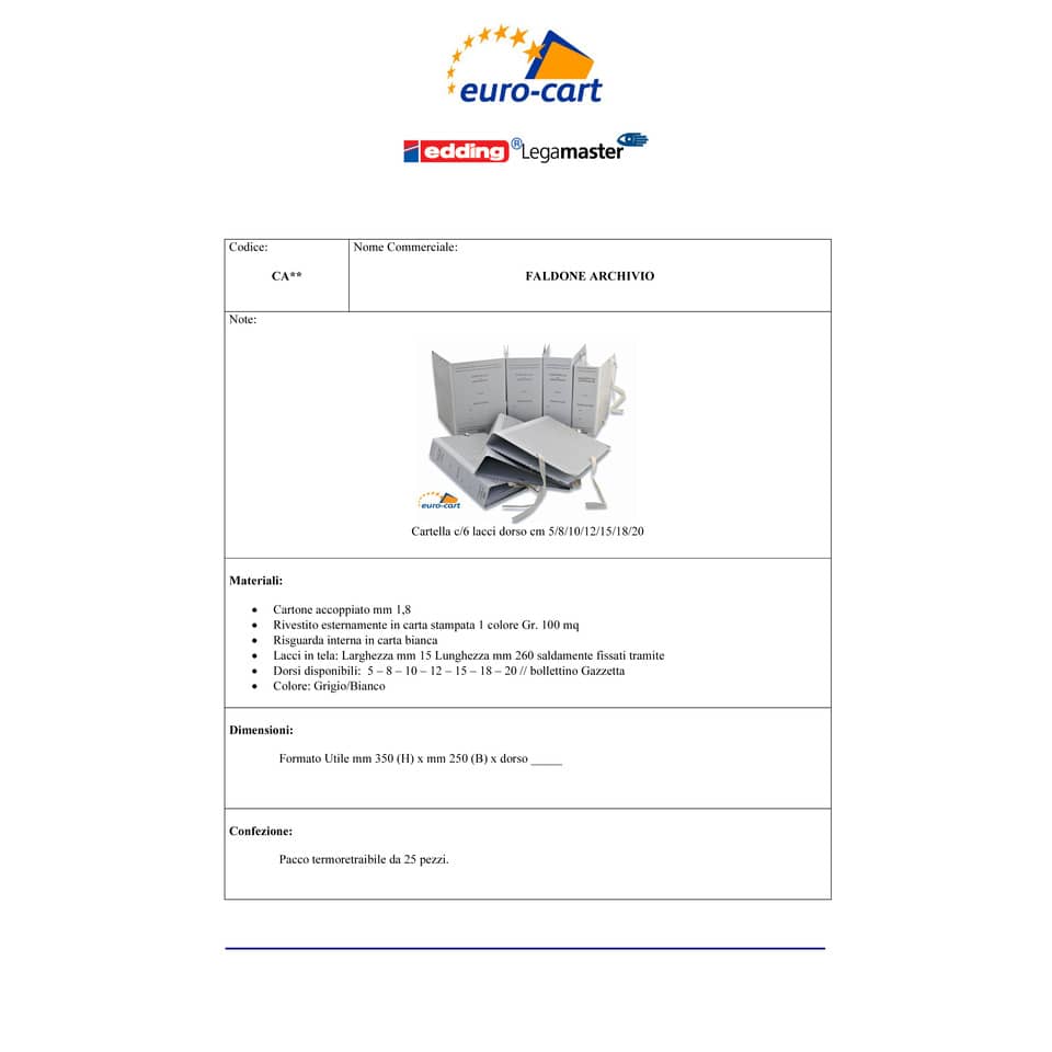 Faldone con lacci occhiellati EURO-CART cartone da 1,8 mm dorso 5 cm - 25x35 cm CA05