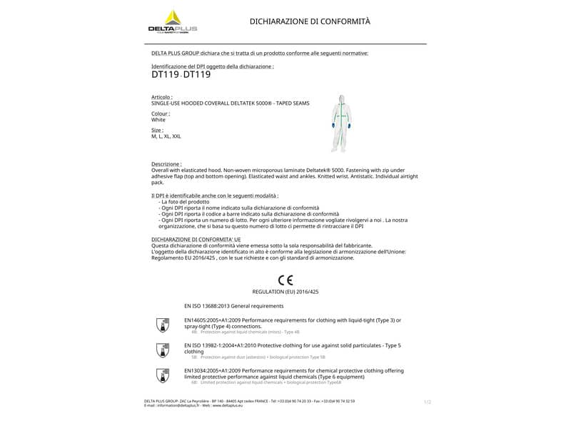 Tute da lavoro DELTA PLUS Deltatek® 5000 c/cappuccio elasticizzata monouso - chiusura con zip bianco - XXL - DT119XX