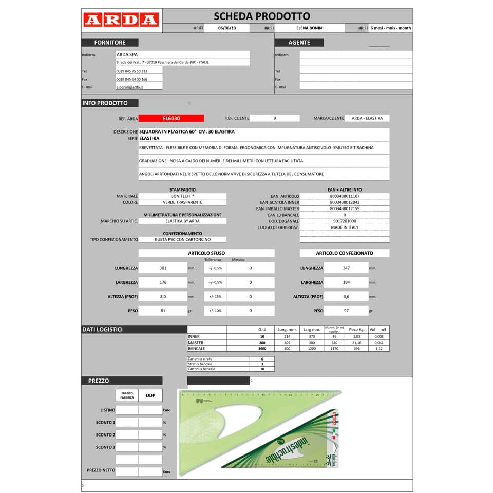 Squadra ARDA Linea Elastika plastica flessibile verde trasparente 60° cm 30 EL6030