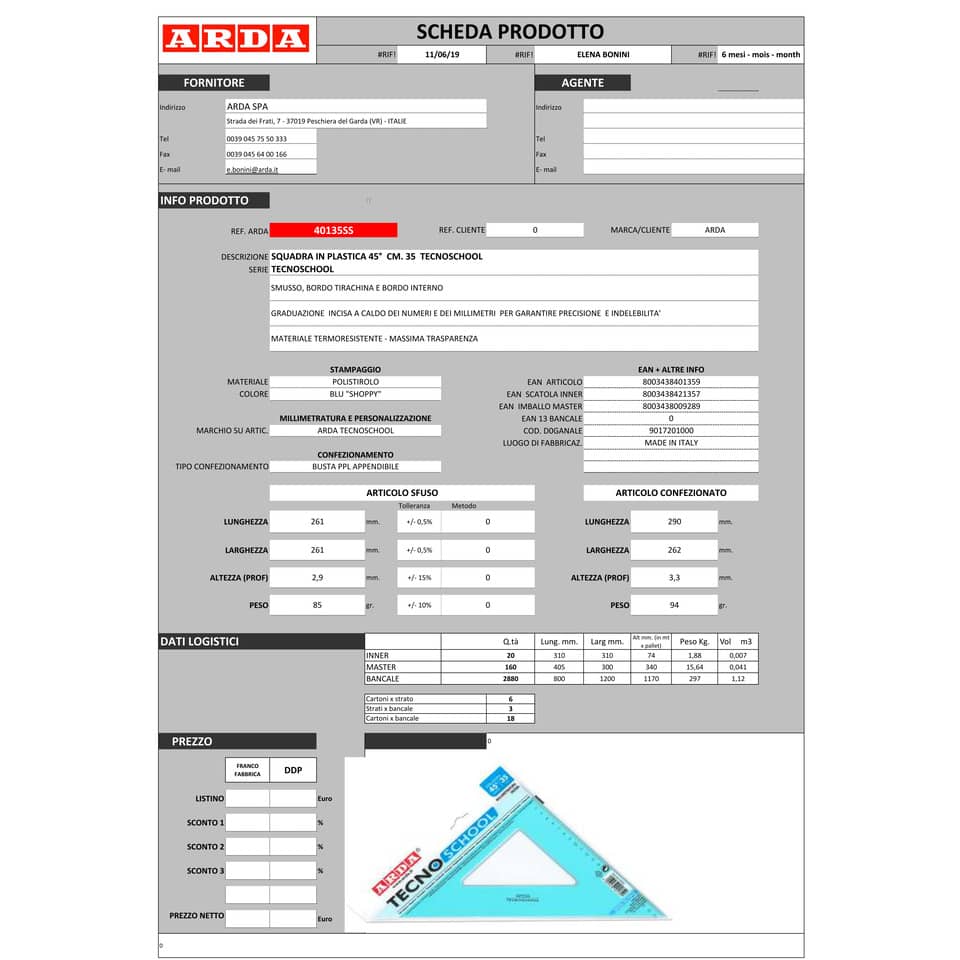 Squadra ARDA Linea Tecnoschool polistirolo termoresistente azzurro trasparente 45° cm 35 - 40135SS