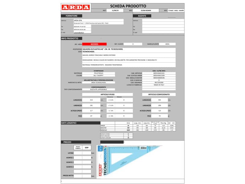 Squadra ARDA Linea Tecnoschool polistirolo termoresistente azzurro trasparente 60° cm 30 - 40230SS
