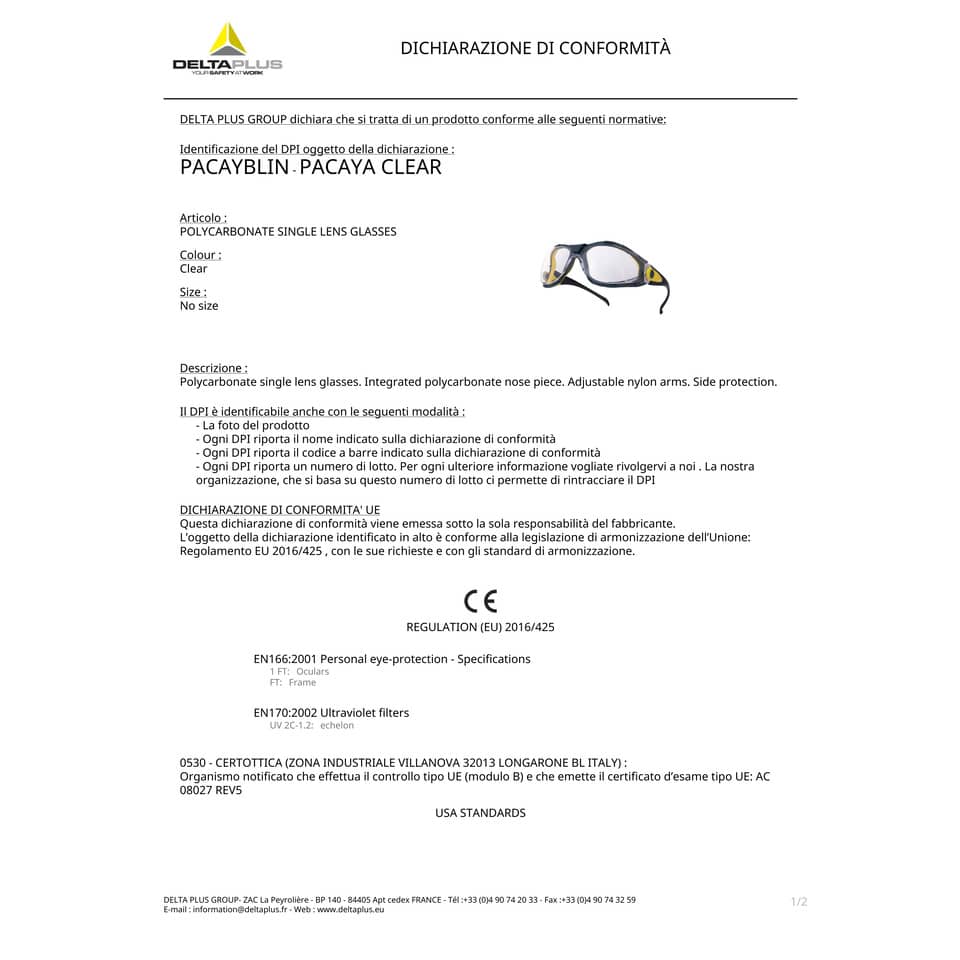 Occhiali Delta Plus Pacaya Clear monoblocco policarbonato nasello integrato trasparente PACAYBLIN