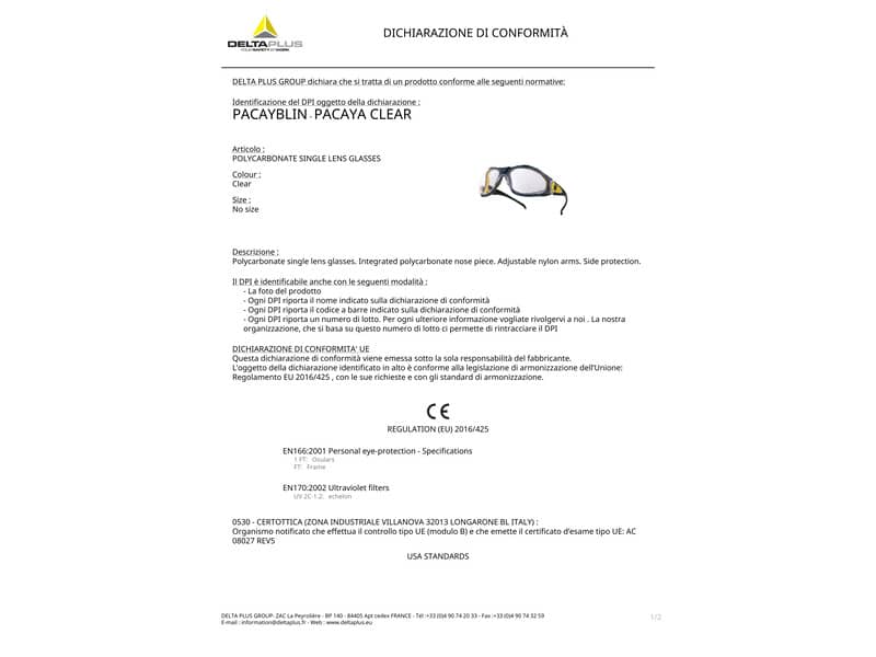 Occhiali Delta Plus Pacaya Clear monoblocco policarbonato nasello integrato trasparente PACAYBLIN