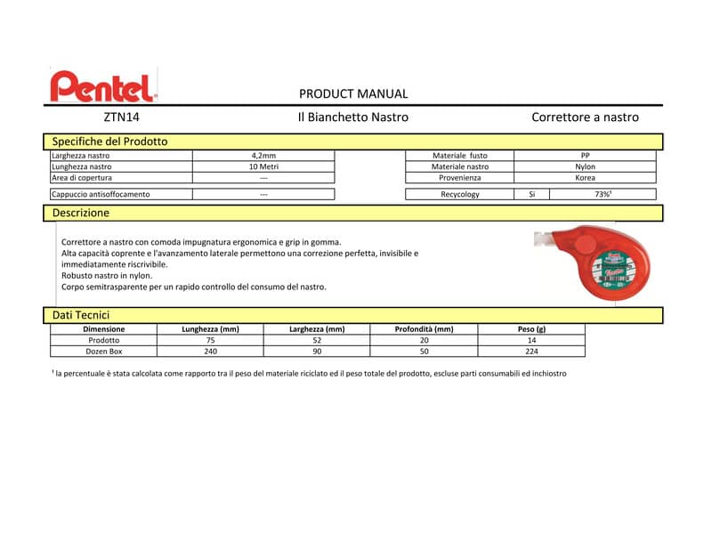 Correttore a nastro Pentel Il Bianchetto 4,2 mm x 10 mt - bianco ZTN14BWI