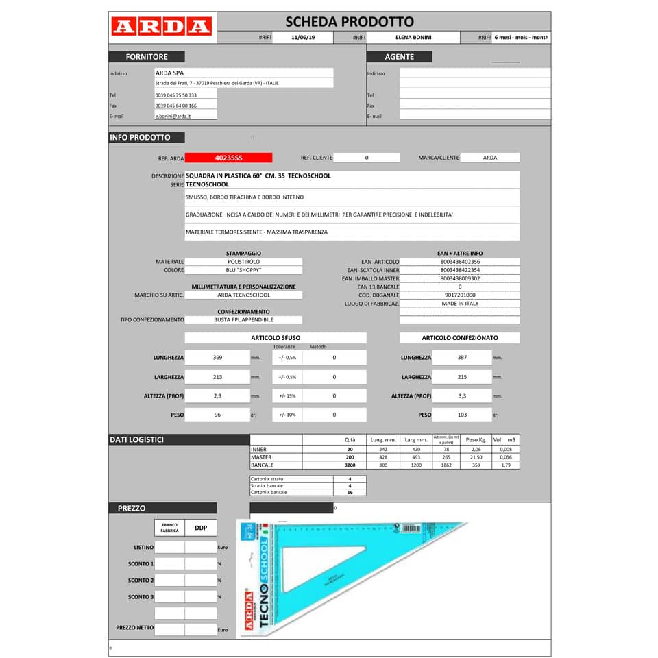 Squadra ARDA Linea Tecnoschool polistirolo termoresistente azzurro trasparente 60° cm 35 - 40235SS