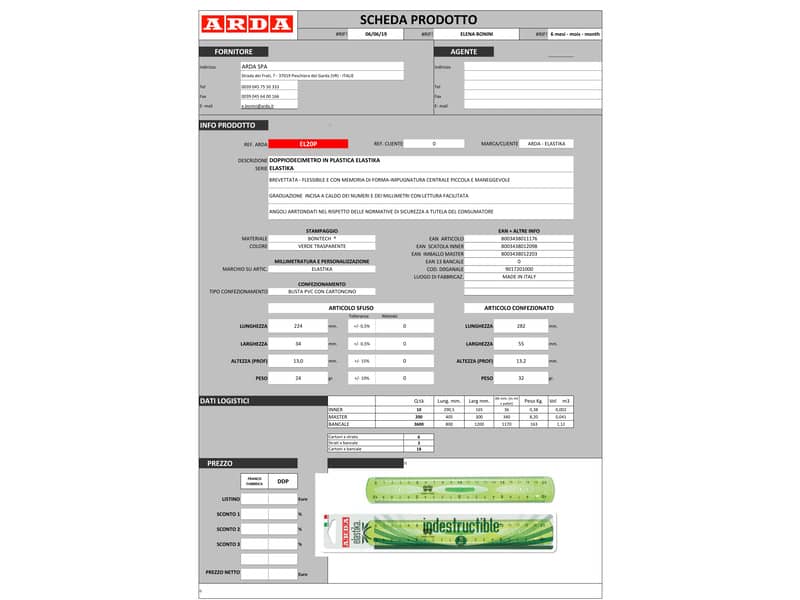 Doppio decimetro ARDA Linea Elastika plastica verde trasparente 20 cm EL20P