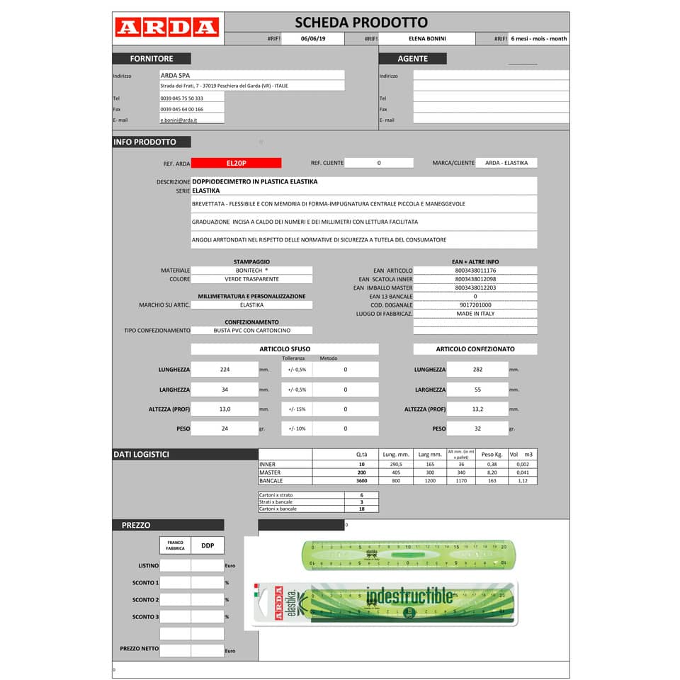 Doppio decimetro ARDA Linea Elastika plastica verde trasparente 20 cm EL20P