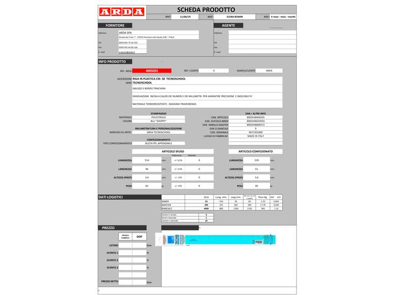 Riga ARDA Tecnoschool polistirolo termoresistente azzurro trasparente 50cm 40050SS