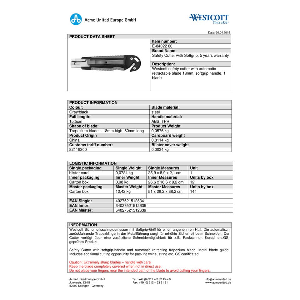 Cutter Westcott Office larghezza 18 mm grigio / nero E-84022 00