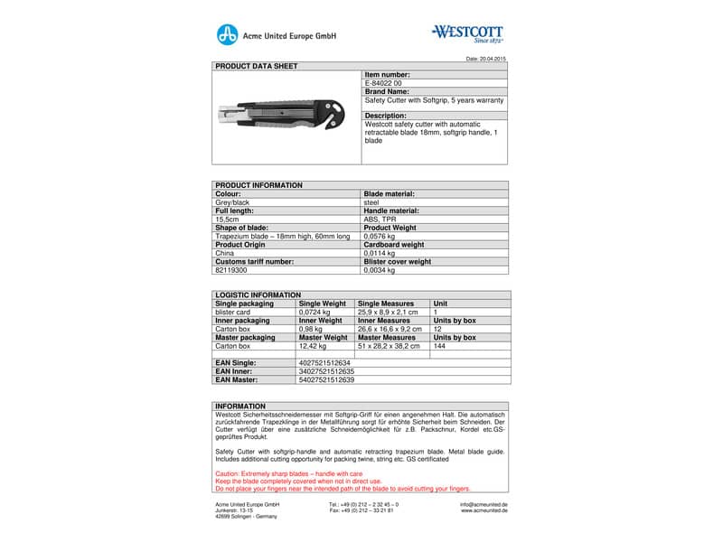 Cutter Westcott Office larghezza 18 mm grigio / nero E-84022 00