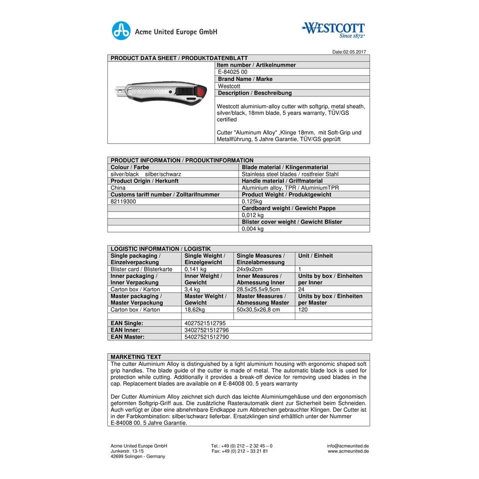 Cutter Westcott Aluminum Alloy larghezza lama 18 mm argento / nero E-84025 00