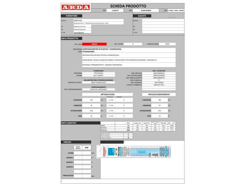 Doppio decimetro ARDA Linea Tecnoschool polistirolo termoresistente azzurro trasparente 20 cm - 403SS
