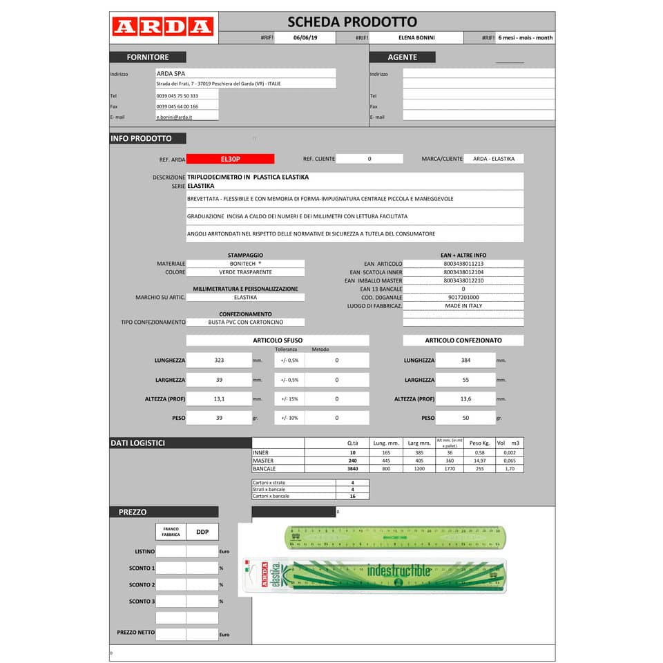 Triplo decimetro ARDA Linea Elastika plastica flessibile verde trasparente 30 cm - EL30P